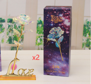 24K Luminous Color Gold Rose Flower Set (Option: Base and light X2)