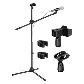 5 Core Microphone Stand Boom w Tripod Base Foldable Adjustable Height Up to 86 Inches 360 Degree Rotating W Dual Mic Holder & Golden Mic Screw Singing (Color: Black)